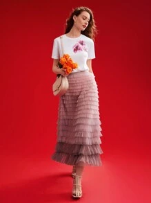 MOTF PREMIUM 针织女式花卉印花短袖 T 恤，情人节 - 白色 - 查看 5