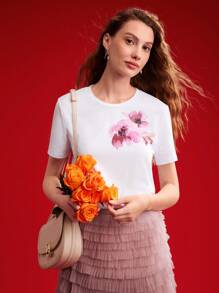 MOTF PREMIUM 针织女式花卉印花短袖 T 恤，情人节 - 白色 - 查看 6