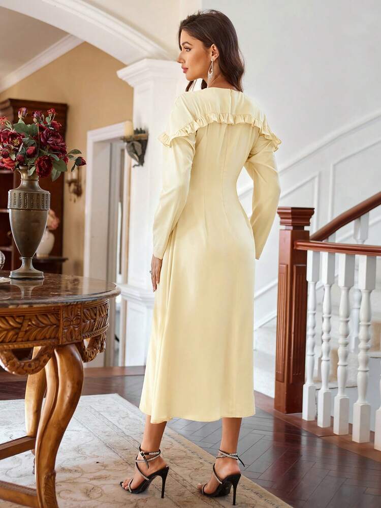 Yellow Ruffled Long-Sleeved Dress Fall Cloth For Women