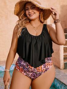 Swim Lushoire 大尺碼女式印花一片式泳衣,雙肩帶 - 彩色 - 查看 4