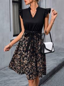 SHEIN Clasi 優雅女款花卉印花束帶連身裙