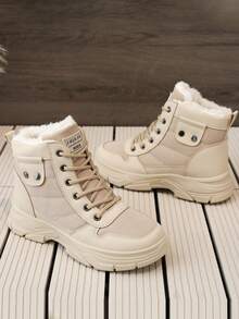 女士靴子2023年新款冬季厚底保暖内衬运动休闲鞋增高防水厚底女靴 - 卡其色 - 查看 3
