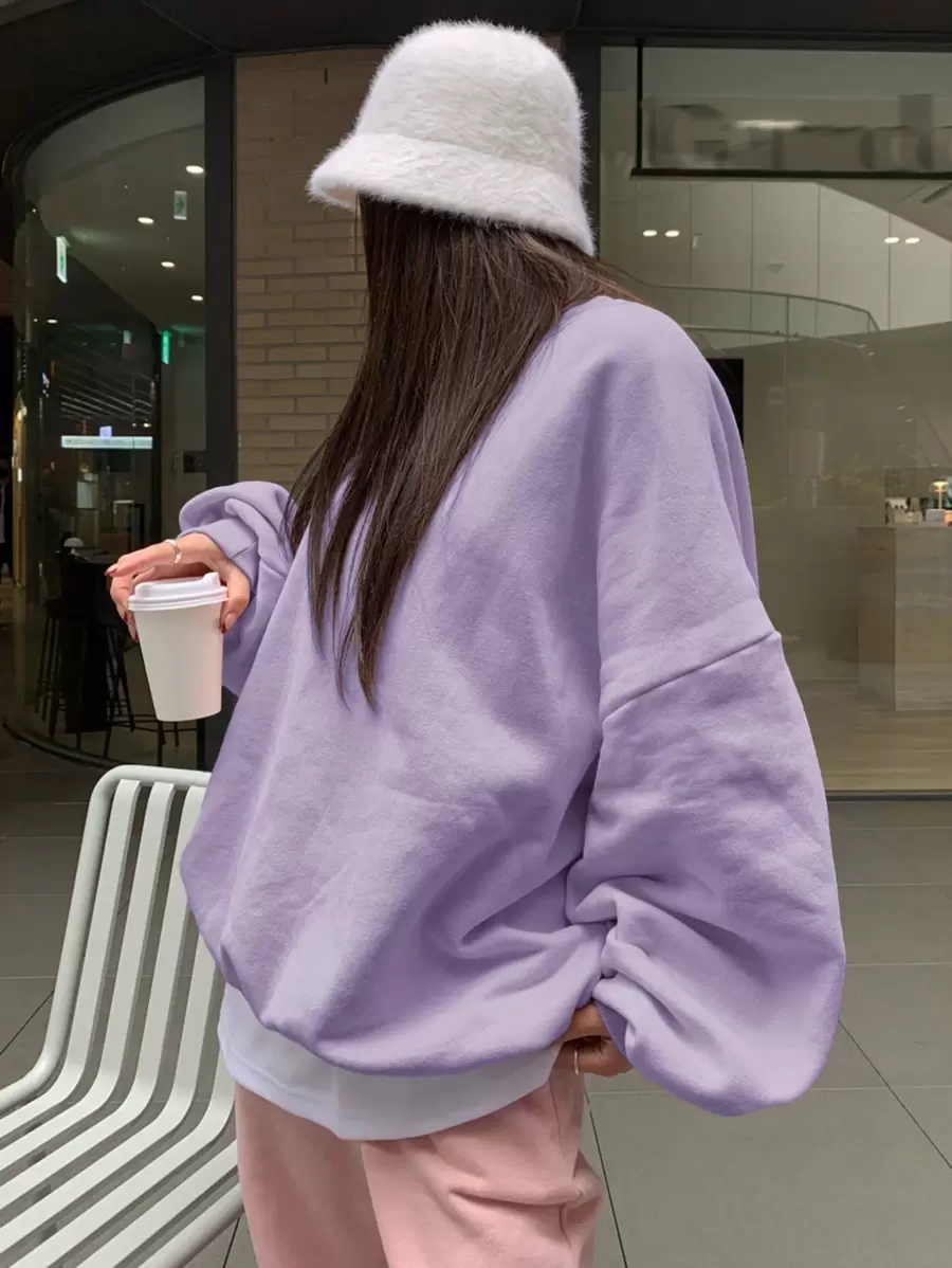 DAZY 秋冬女士宽松圆领纯色保暖内衬运动衫 - 紫色 - 查看 1