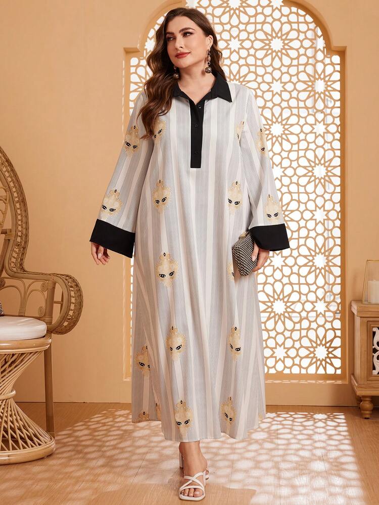 Plus Size Color Block Turn-Down Collar And Cuff Long Sleeve Dress