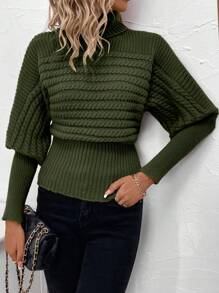 SHEIN Frenchy 女士高領鵝脯袖套頭毛衣 - 軍綠色 - 查看 6