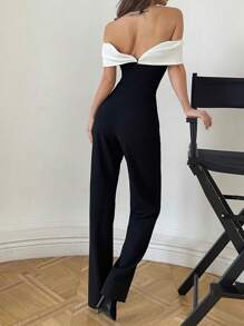 Aloruh Ladies' Color Block Off-Shoulder Evening Dress Jumpsuit - Black and White - View 2