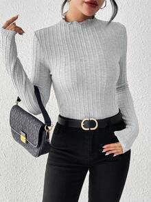 SHEIN Frenchy 生菜邊立領長袖t卹 - 灰色 - 查看 6