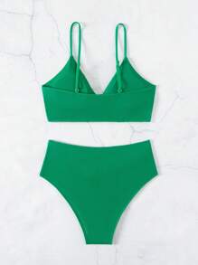 SHEIN Swim 夏季纯色扭纹比基尼套装 - 綠色 - 查看 4