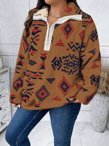 Calvaya Kích thước lớn Họa tiết Hình học Có khóa kéo Teddy Áo nỉ - Lạc đà - Xem 3