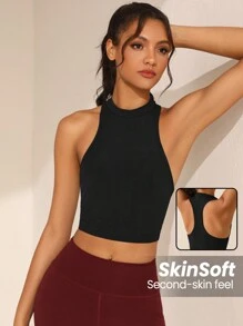 SHEIN Sports Áo ba lỗ thể thao màu trơn cho nữÁo crop top thể thaoÁo crop top gợi cảmÁo crop top thể thaoÁo liền quần - màu đen - Xem 1