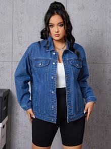 SHEIN EZwear 女款大尺碼翻蓋牛仔外套 - 深色水洗藍 - 查看 7