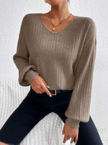 SHEIN Essnce 女款落肩落肩長袖t卹 - 卡其色 - 查看 5