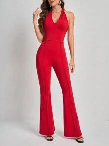 SHEIN Tall Women's Sleeveless Halter Neck Jumpsuit - Red - View 5