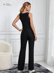 SHEIN Essnce Mono/Malla de una sola pieza sin mangas, de punto negro, con alta elasticidad y tirantes anchos para deportes y tiempo libre