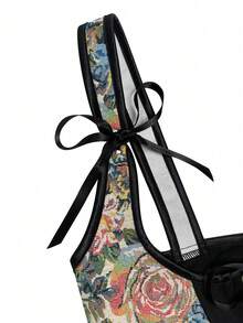 Floral Print Tie Shoulder Cami Top - Black - View 4