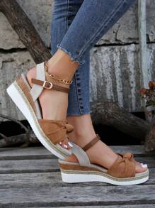 Women's Summer New Fashion Outdoor Beach Resort Style Wedge Sandals, Open Toe Versatile Dress Sandals, Color Block Strap Chunky Platform Thick Sole High Heel Party Sandals