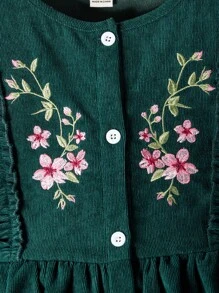 SHEIN 女孩連身裙,採用花卉刺繡的灰色雙層斜紋棉裙,邊緣處有褶邊裝飾 - 墨綠色 - 查看 4