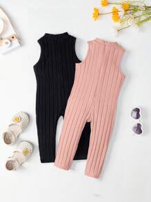 Baby Girl 2pcs Ribbed Knit Tank Jumpsuit - Baby Pink - View 2