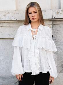 SHEIN Frenchy Tie Neck Ruffle Lantern Sleeve Blouse Winter White Casual