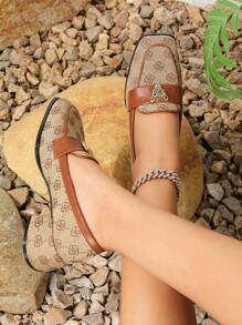 女式粗跟方头复古乐福鞋穆勒鞋 - 卡其色 - 查看 2