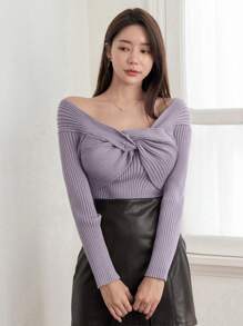 DAZY 女式不对称扭结领口毛衣秋季 - 紫色 - 查看 5