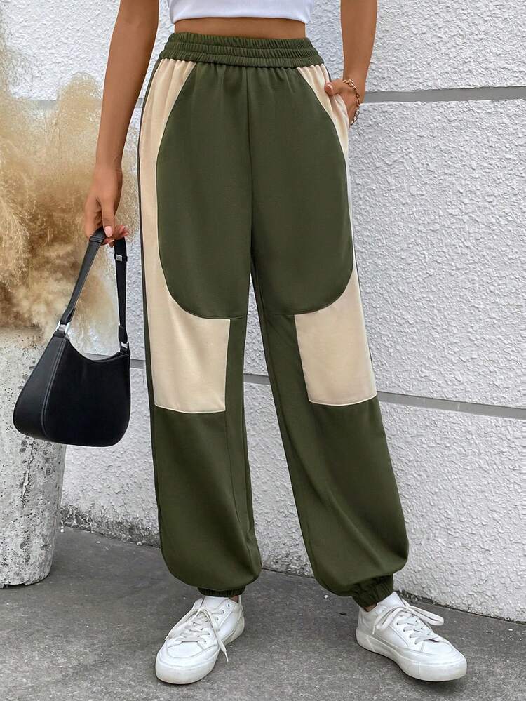 Contrast Color Sweatshirt With Elasticated Waist And Diagonal Pockets Fall Cloth For Women