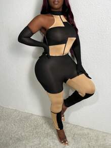 Slaydiva Mesh High Neck Colorblock Sleeveless Unitard Jumpsuit With Long Sleeve Arm Warmer - Multicolor - View 3