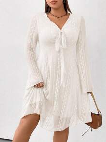 Vionelle Vintage Plus Size Women's Front Knot Dress Fall Cloth For Women - White - View 1