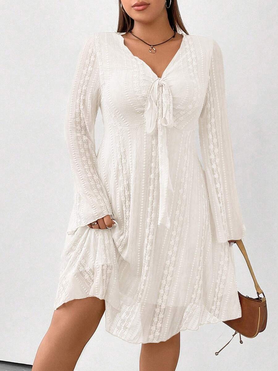 Vionelle Vintage Plus Size Women's Front Knot Dress Fall Cloth For Women - White - View 1