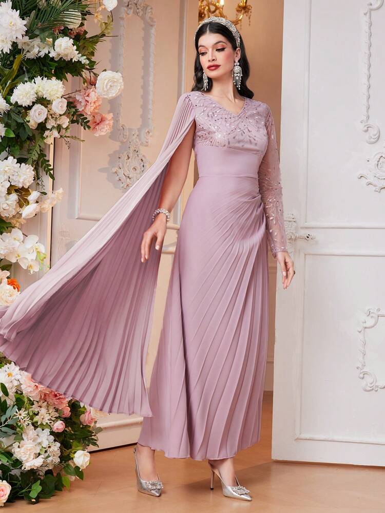 Women'S Dress With Plant Embroidery And Pleated Hem,Elegant Evening Party Dress Long Evening Dresses