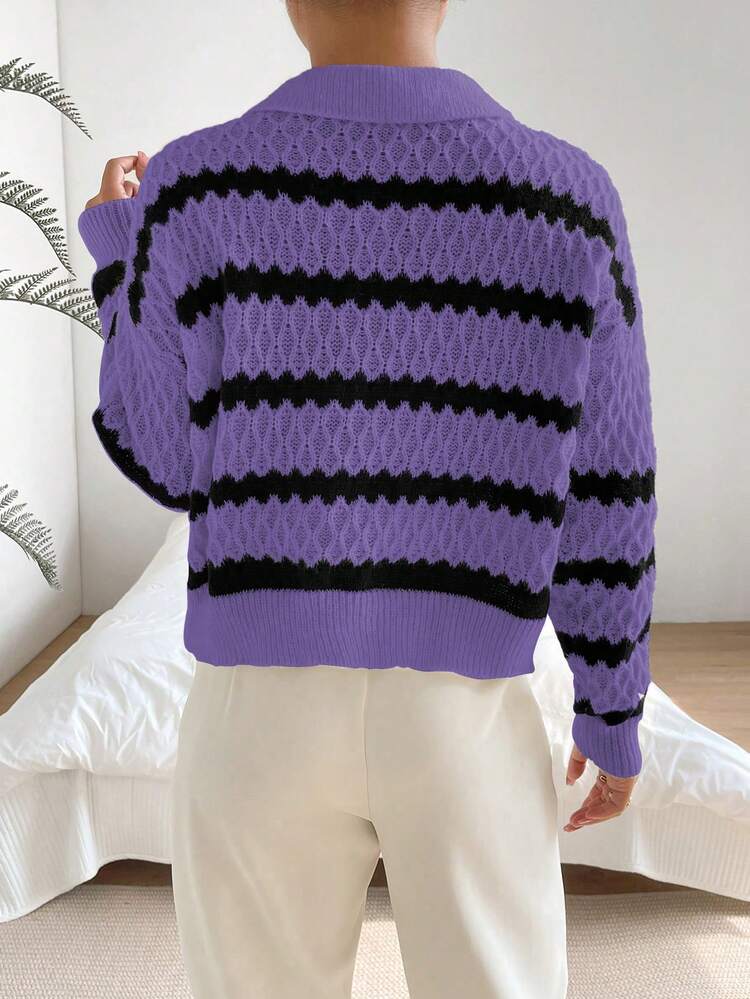 V-Neck Striped Long Sleeve Knit Pullover Fall Winter Sweater