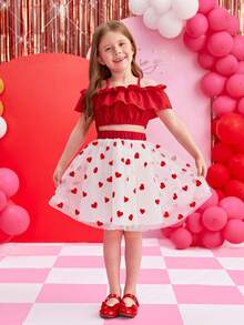 SHEIN 幼兒女童短袖上衣荷葉邊飾心型網眼裙套裝 - 彩色 - 查看 5