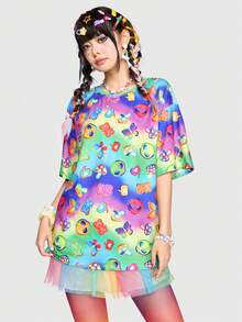 ROMWE Kawaii Women's Alien Pattern Ombre Short Sleeve T-Shirt - Multicolor - View 4