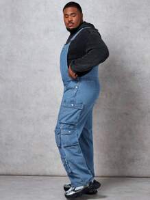 Manfinity Homme 寬鬆款男性大尺碼牛仔背帶褲,可調式肩帶和翻蓋口袋 - 藍色 - 查看 4