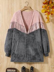 少女拼色撞色亮片開襟泰迪熊外套 - 彩色 - 查看 6