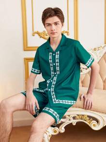 SHEIN Set de cămașă și pantaloni scurți cu mânecă scurtă, cu imprimeu geometric, pentru adolescenți, potrivit pentru vară