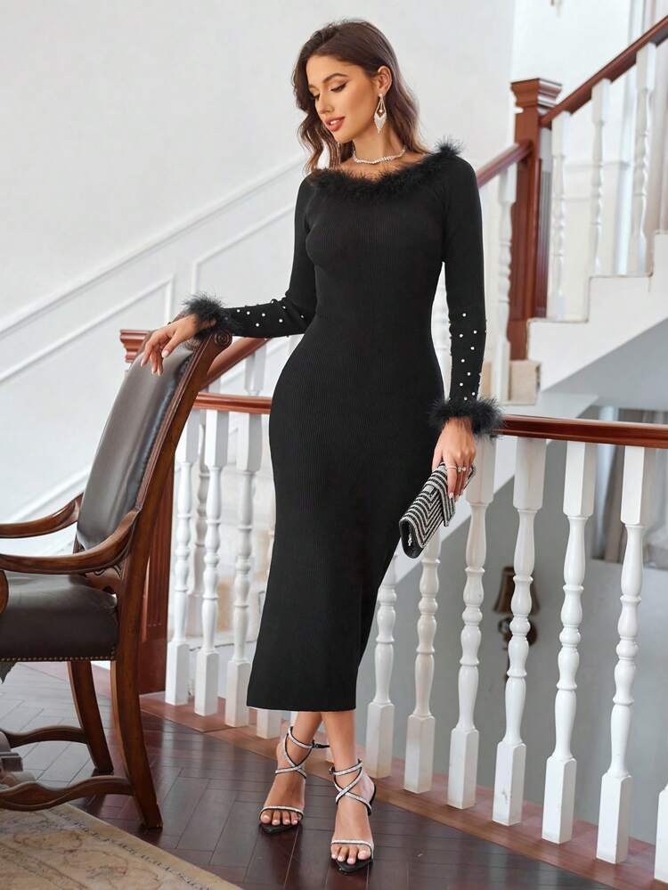 Women'S Pearl Decor Patchwork Frayed Sweater Dress