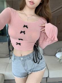 DAZY Của phụ nữ Quần skinny Áo thun Với Chi tiết cung - Hồng - Xem 2