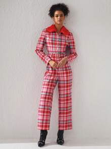 Simone Rogers Plaid Print Belted Wide Leg Jumpsuit - Multicolor - View 6
