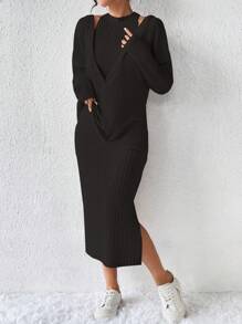 Chiquease Hollow Out Detail 2 In 1 Set With Crop Top And Skirt Fall Cloth For Women - Black - View 3