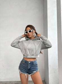 SHEIN EZwear 女性連帽短款套頭衫,帶束口 - 淺灰色 - 查看 6