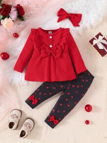 2入組寶貝女孩情人節裝,打蝴蝶結裝飾長袖t恤和帶褶邊的心形印花褲子 - 紅色 - 查看 1