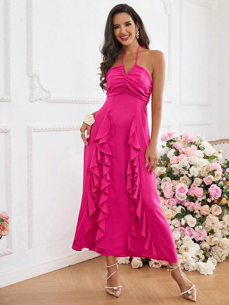 Women Valentine's Day Romantic Date Party Halter Neck Ruffle Dress In Rose Red