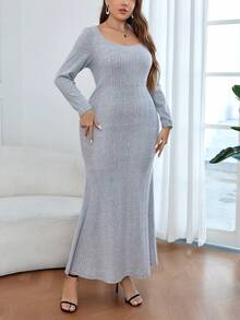 SHEIN Privé 加大尺寸純色肋編魚尾擺連衣裙 - 灰色 - 查看 5