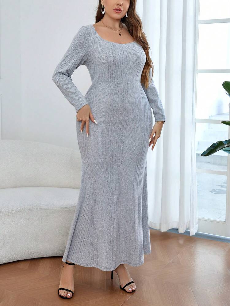 SHEIN Privé 加大尺寸純色肋編魚尾擺連衣裙 - 灰色 - 查看 5