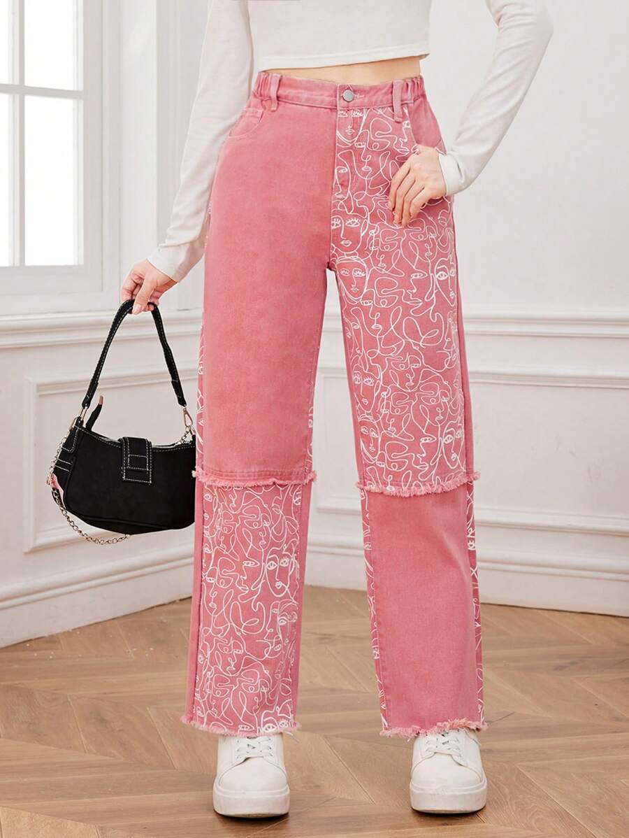 Teen Girls Y2k Streetwear Style Pink Print Face & Contrast Color Patchwork Distressed Straight Leg Jeans With Fringed Hem - Pink - View 1