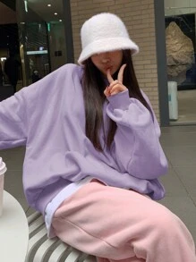 DAZY 秋冬女士宽松圆领纯色保暖内衬运动衫 - 紫色 - 查看 3