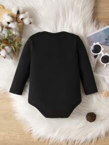 嬰兒男童休閒標語印花長袖連體衣 - 黑色 - 查看 2