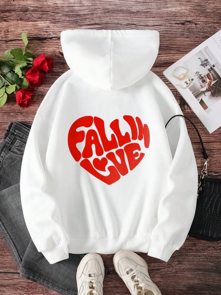 SHEIN EZwear 女士白色帽衫，背部設計心形圖案，休閒合身，情人節 - 白色 - 查看 1