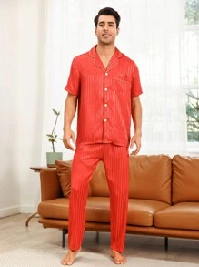 Men's Color Block Trim Top And Solid Color Long Pants Homewear Set - Red - View 6